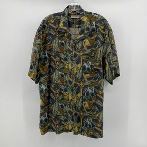 Retreat Mens Large Silk Button Down Shirt Cigar Tobacco Leaf Print Blue Green